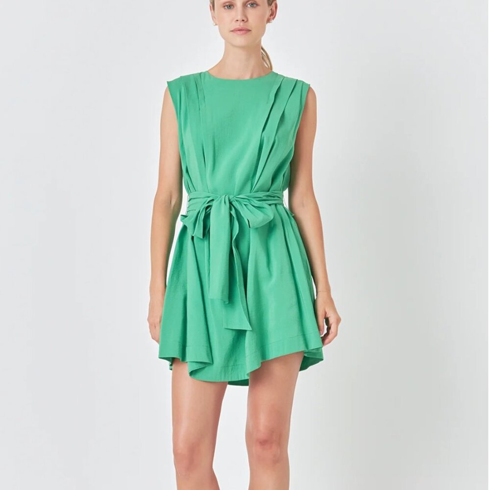 Endless Rose Pintuck Shoulder Belted Mini Dress (XS)